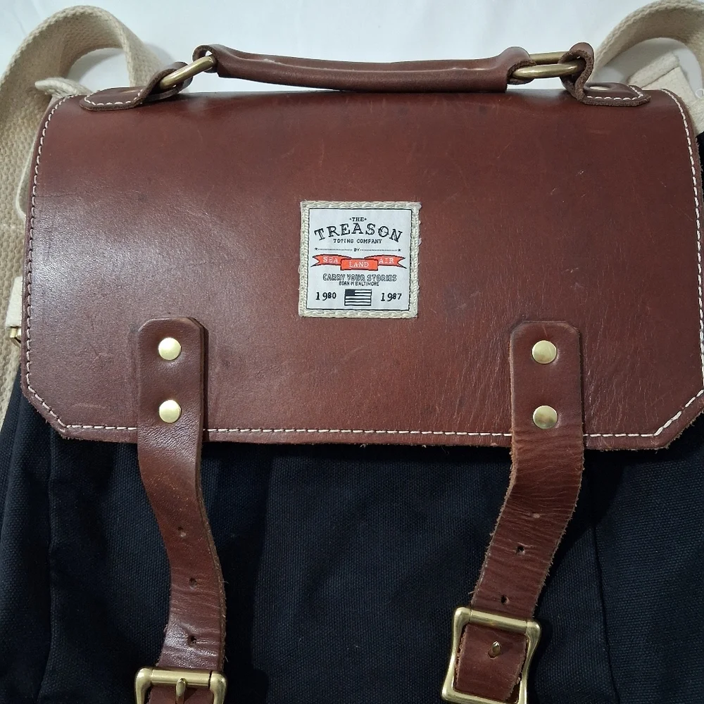 The Teason Toting Company  Canvas  Leather Unisex Large Backpack Black & Brown